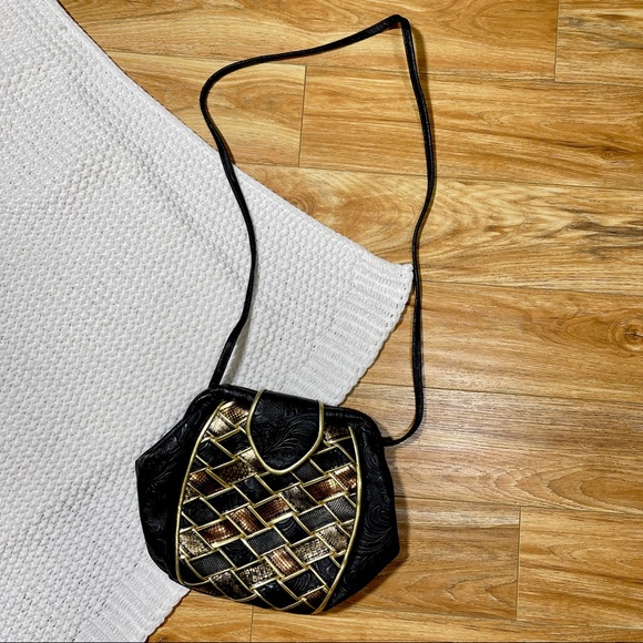 Handbags - Vintage Crossbody black leather bag floral snakeskin gold